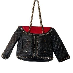 Black & Red Leather Jacket Purse With Gold Chain